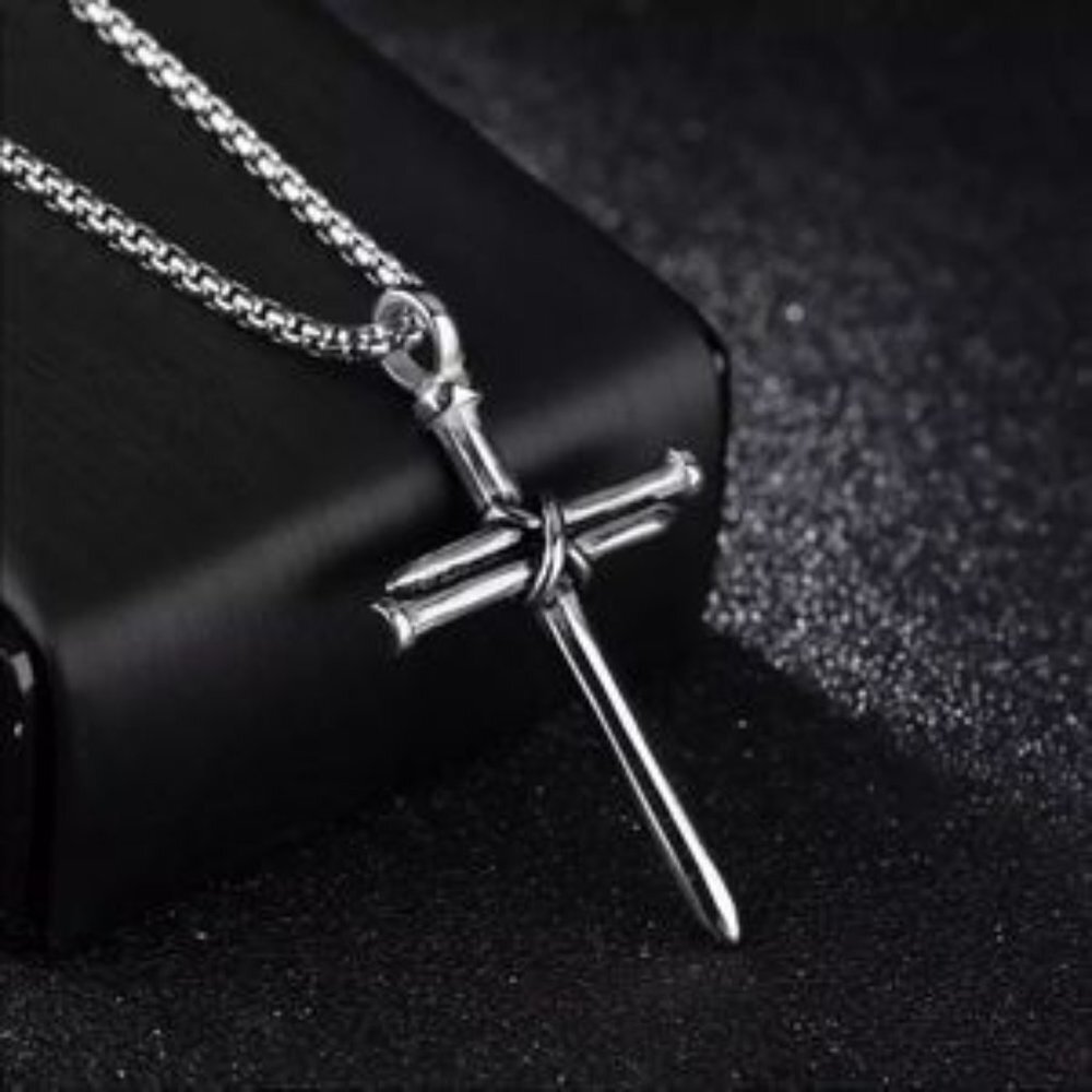 New Silver Double Nail Cross Chain Necklace Religious Necklace For Men​ - Picture 2 of 6